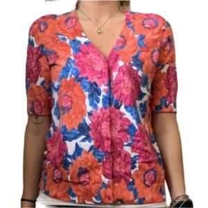Talbots Floral Print Shirt Sleeve Button Down Cardigan Sweater Sz L